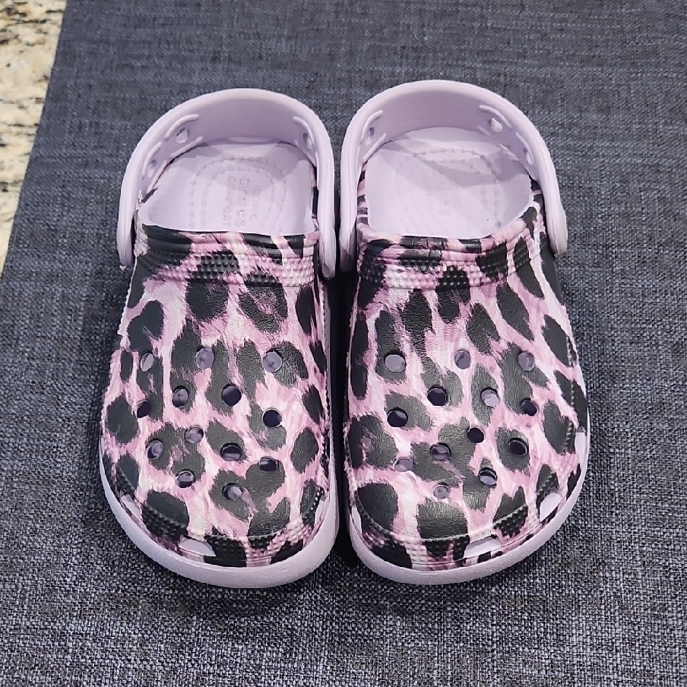 CROCS Kids Pink and Black Leopard Clogs